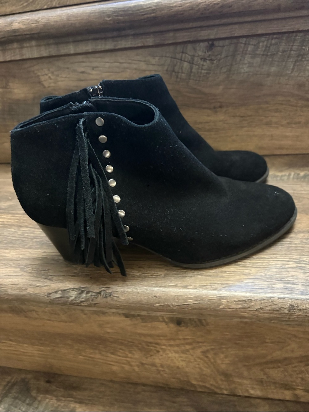 Vionic Black Suede Fringe Ankle Booties with Stud Accents